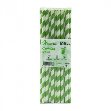 Cañitas de Papel Rayas Verdes Ø6x197mm (100 uds)