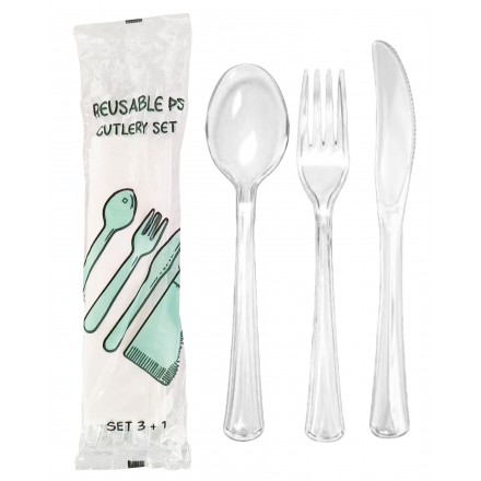 Set con servilleta, tenedor, cuchara y cuchillo PS (500 uds)