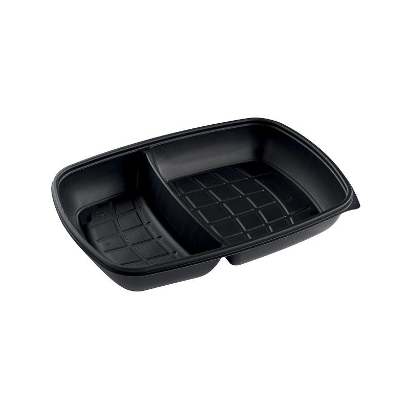 Asporto 53 Ounce Food Containers, 100 Microwavable Take Out Food Containers - Clear Plastic Lids Included, with 6 Compartments, Black Plastic